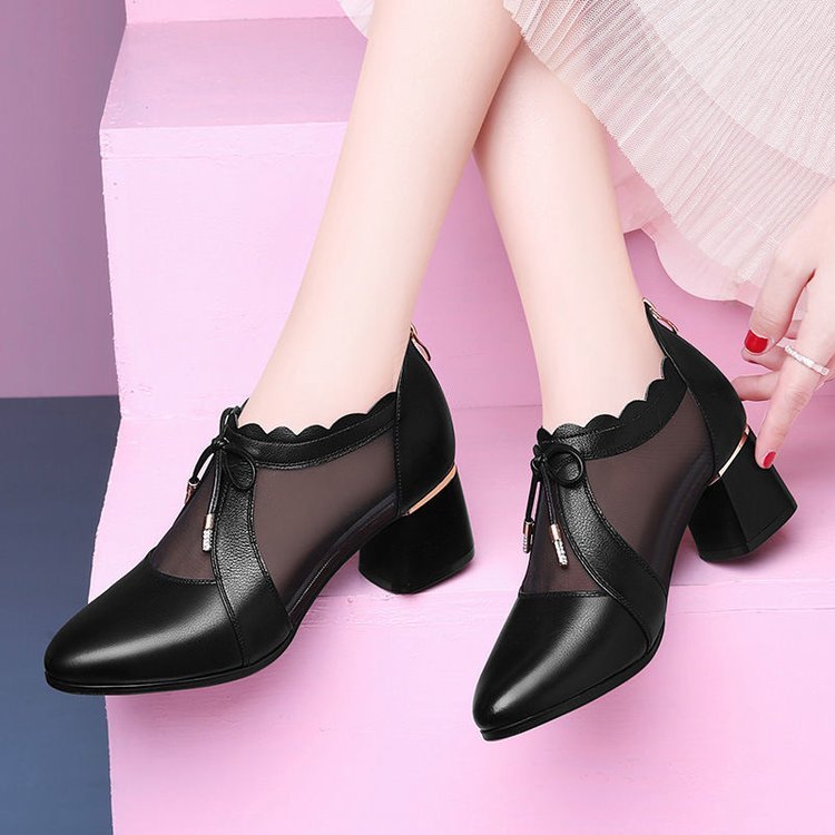 Zipper Pointed Toe Mesh Deep Low-heel Shoes