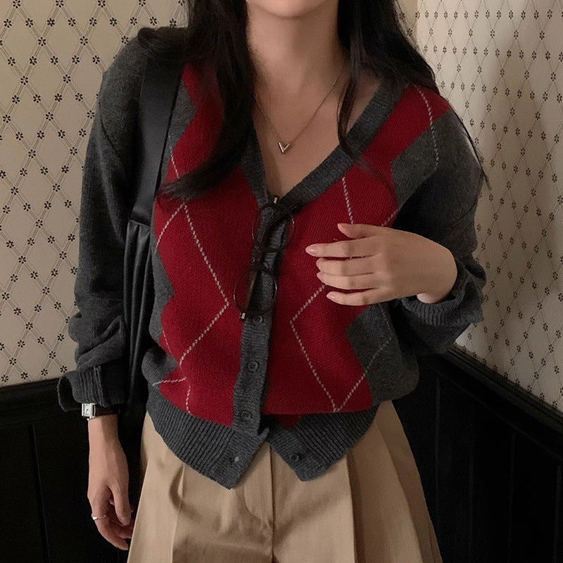 Women's Fashion Sweater Rhombus Knitted Top
