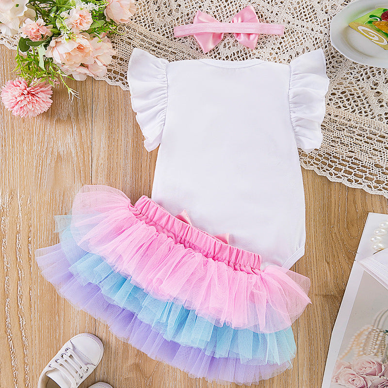 Girls' Flounced Sleeve Fluffy Six-layer Three-piece Suit