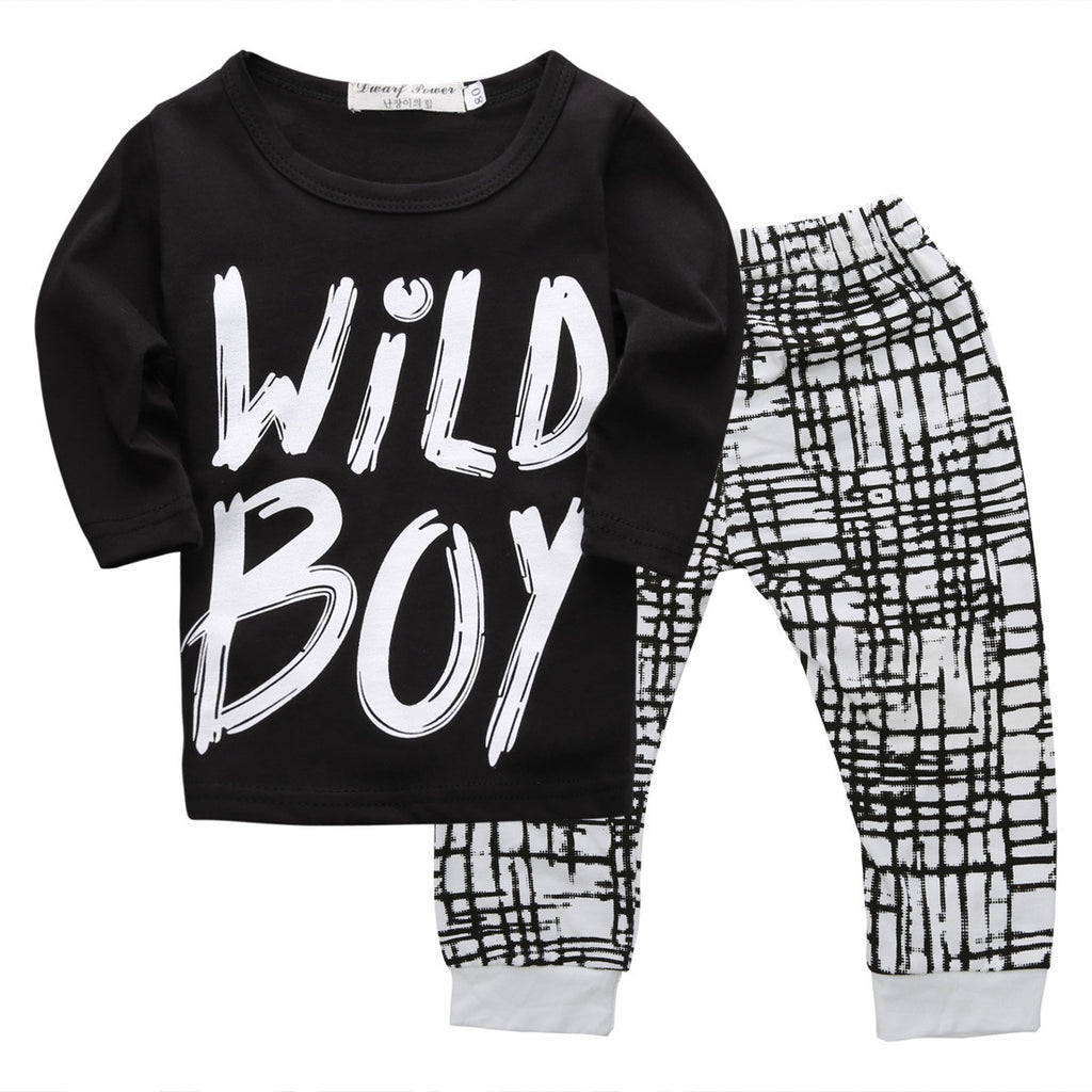 Boys Black Letter Top Check Pants Set