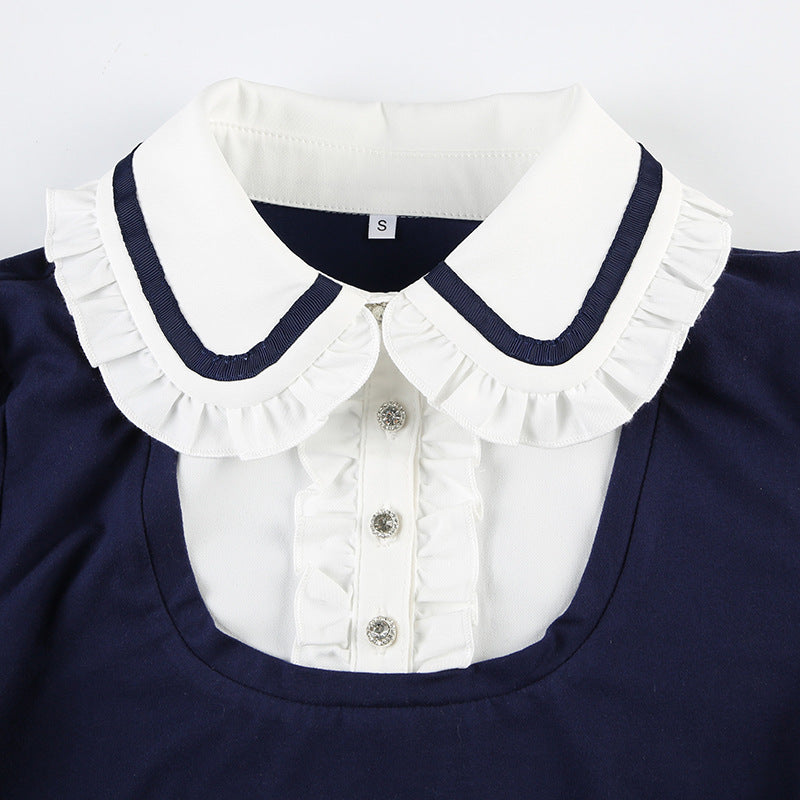 Preppy Style Bow Tie Lace-up Puff Sleeve T-shirt Age-reducing Slim Fit Pullover Lapel Bottoming Short Top
