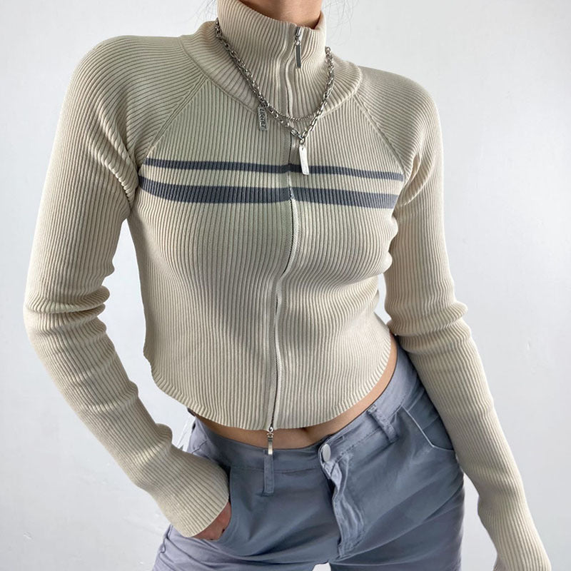Women's Double Zippered Half High Neck Hollowed Out Knit Shirt