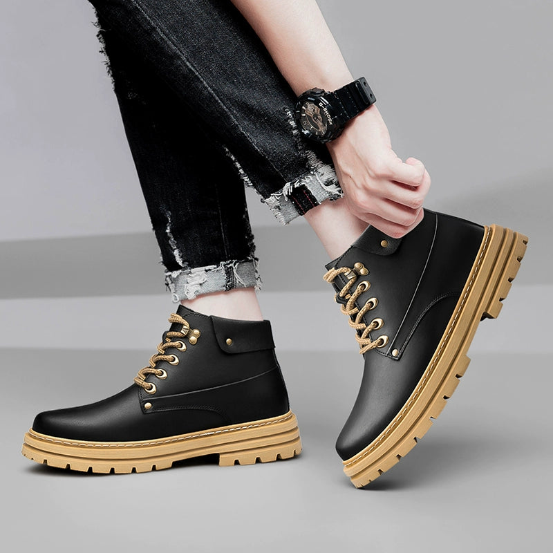 Fall and Winter High-Ankle Leather Casual Shoes Boots Men Waterproof Outdoor British Retro Waterproof Outdoor Work Clothes Elevator Shoes
