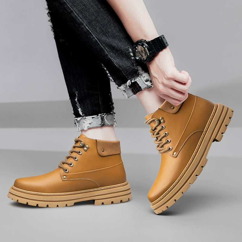 Fall and Winter High-Ankle Leather Casual Shoes Boots Men Waterproof Outdoor British Retro Waterproof Outdoor Work Clothes Elevator Shoes