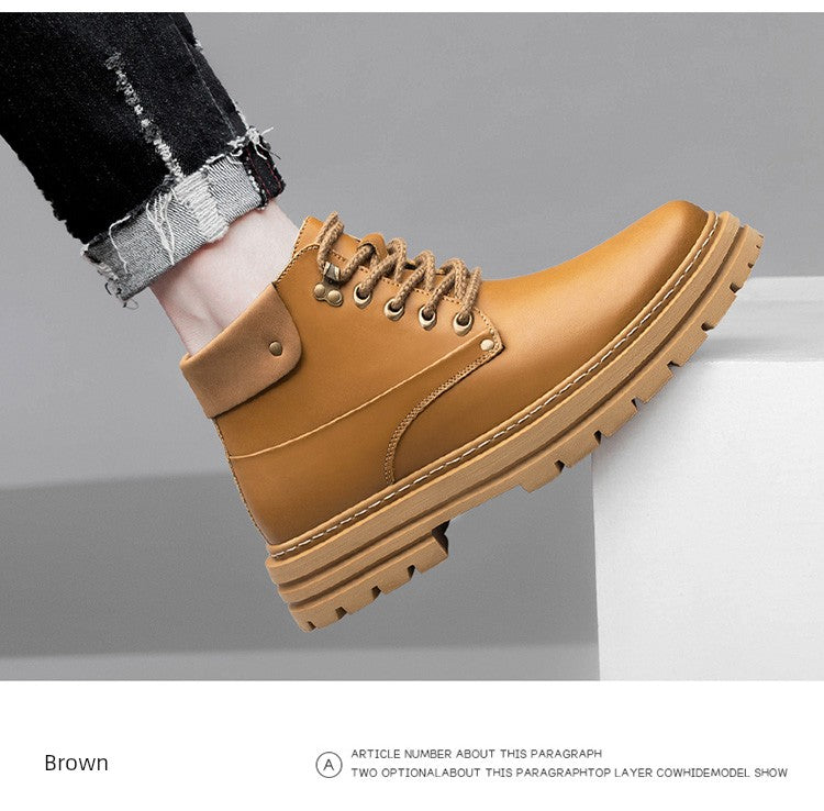 Fall and Winter High-Ankle Leather Casual Shoes Boots Men Waterproof Outdoor British Retro Waterproof Outdoor Work Clothes Elevator Shoes