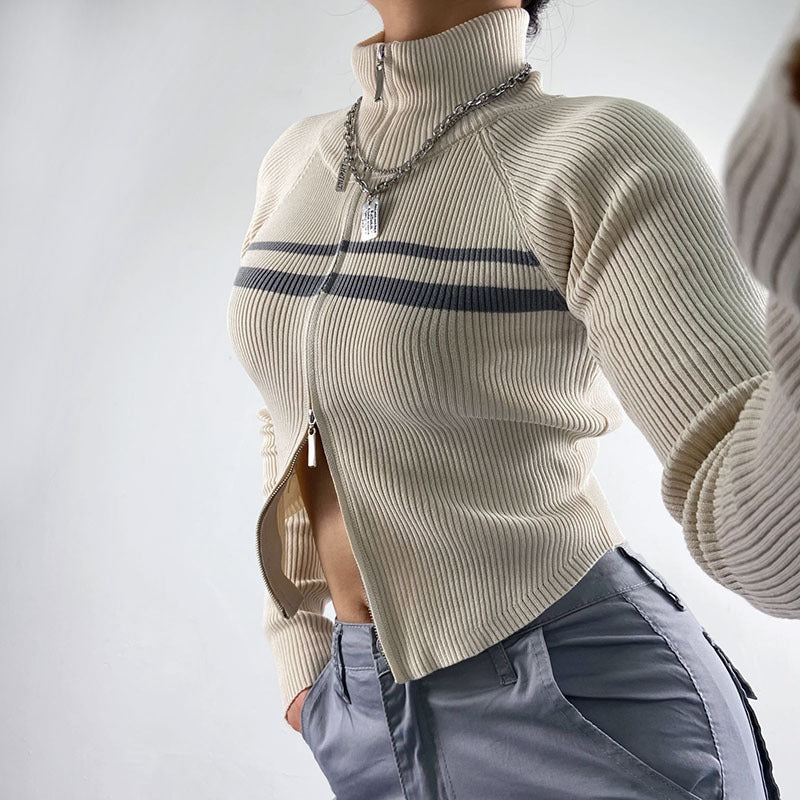 Women's Double Zippered Half High Neck Hollowed Out Knit Shirt