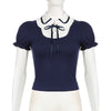 Preppy Style Bow Tie Lace-up Puff Sleeve T-shirt Age-reducing Slim Fit Pullover Lapel Bottoming Short Top