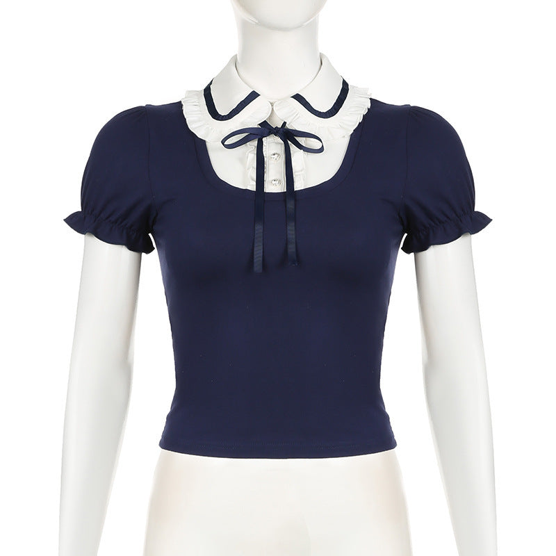 Preppy Style Bow Tie Lace-up Puff Sleeve T-shirt Age-reducing Slim Fit Pullover Lapel Bottoming Short Top