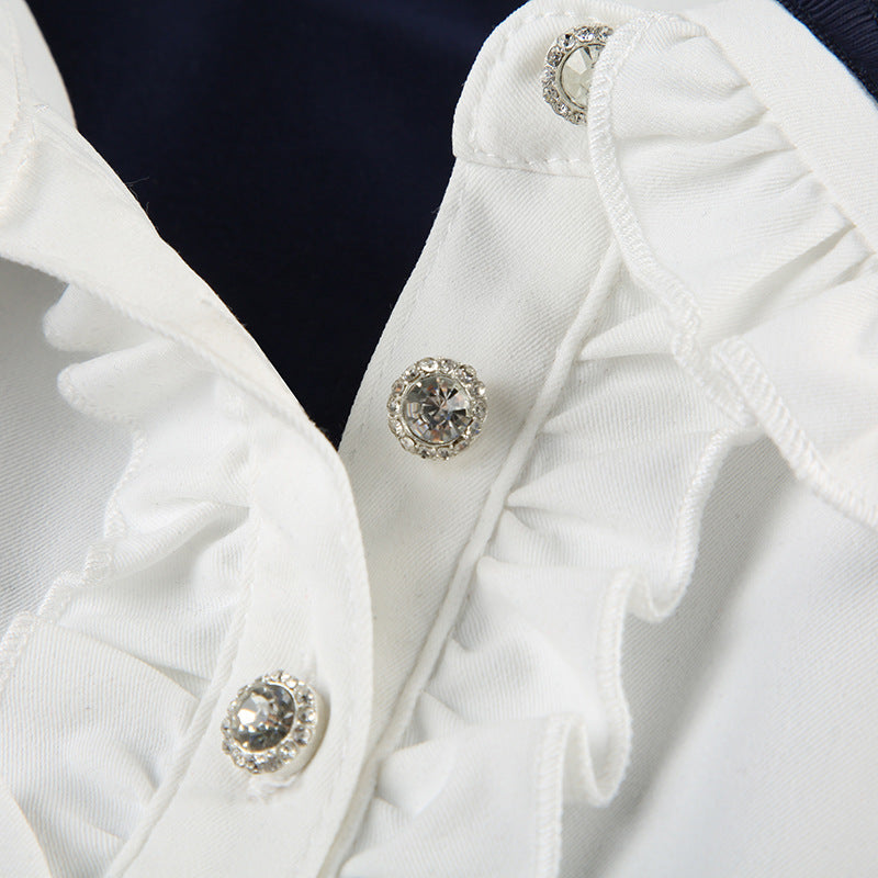 Preppy Style Bow Tie Lace-up Puff Sleeve T-shirt Age-reducing Slim Fit Pullover Lapel Bottoming Short Top