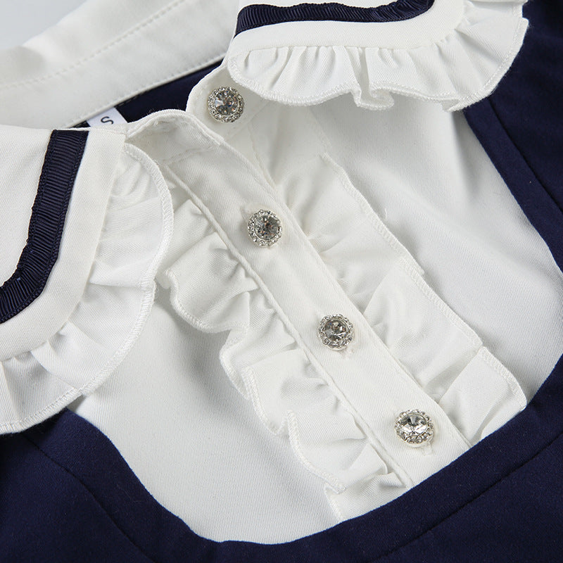 Preppy Style Bow Tie Lace-up Puff Sleeve T-shirt Age-reducing Slim Fit Pullover Lapel Bottoming Short Top