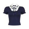 Preppy Style Bow Tie Lace-up Puff Sleeve T-shirt Age-reducing Slim Fit Pullover Lapel Bottoming Short Top