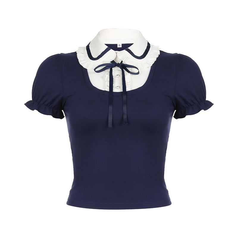 Preppy Style Bow Tie Lace-up Puff Sleeve T-shirt Age-reducing Slim Fit Pullover Lapel Bottoming Short Top