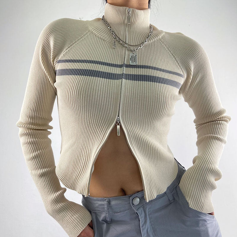 Women's Double Zippered Half High Neck Hollowed Out Knit Shirt