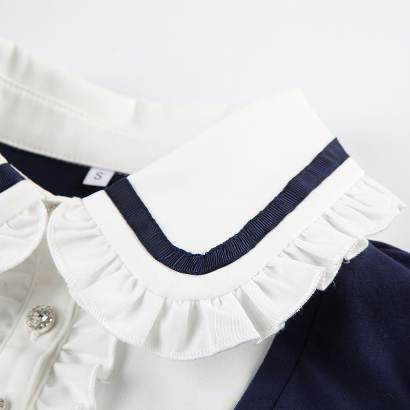 Preppy Style Bow Tie Lace-up Puff Sleeve T-shirt Age-reducing Slim Fit Pullover Lapel Bottoming Short Top